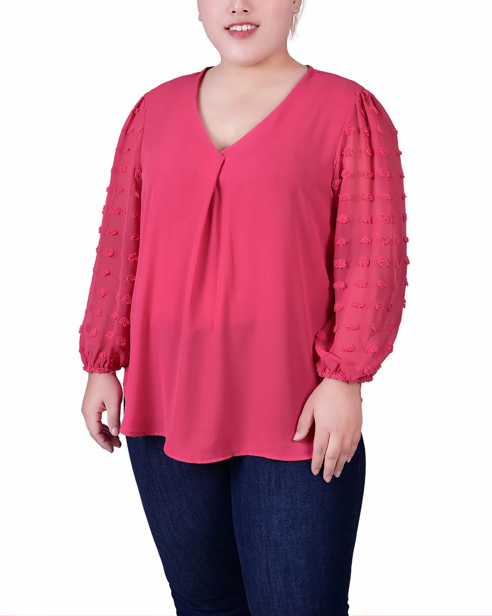 Plus Size V Neck Blouse With 3/4 Jacquard Chiffon Sleeves