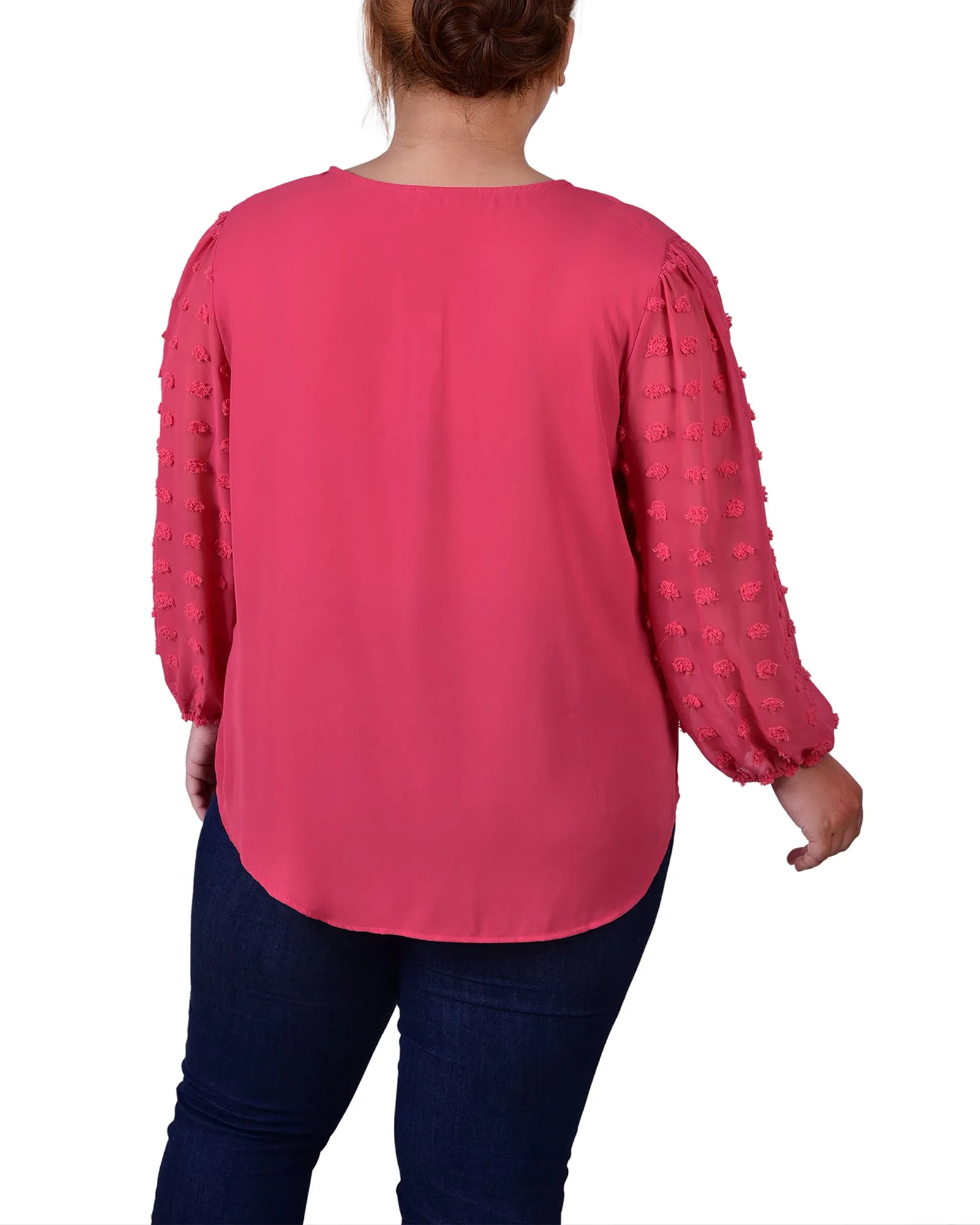 Plus Size V Neck Blouse With 3/4 Jacquard Chiffon Sleeves