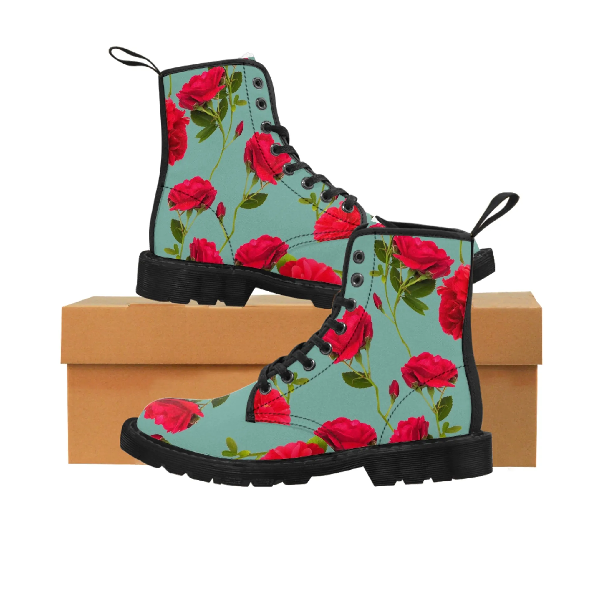 Red Flowers and blue - Inovax Woman's Canvas Boots