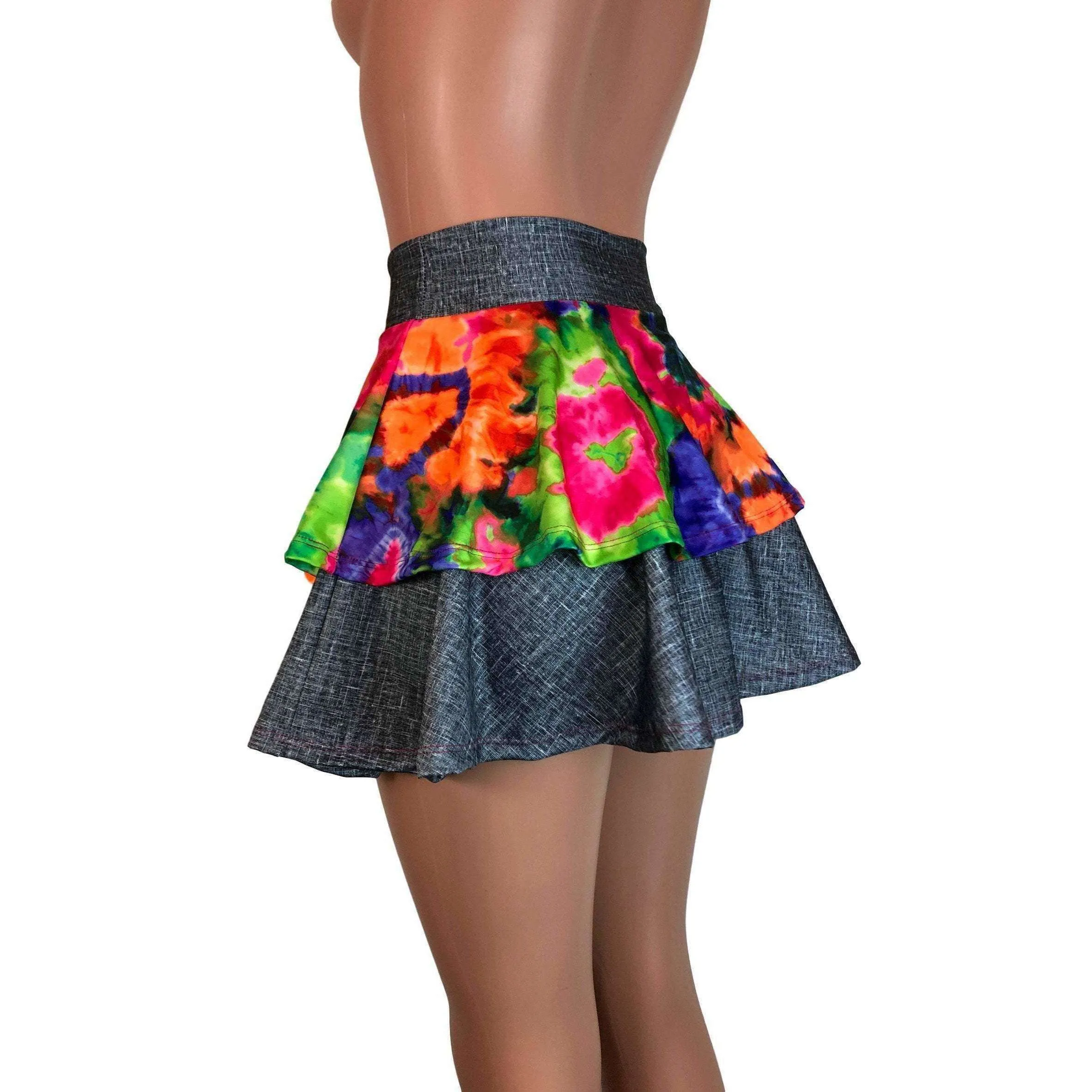 SALE - 2-Layer Skater Skirt - Tie Dye Groovy w/ Linen Print