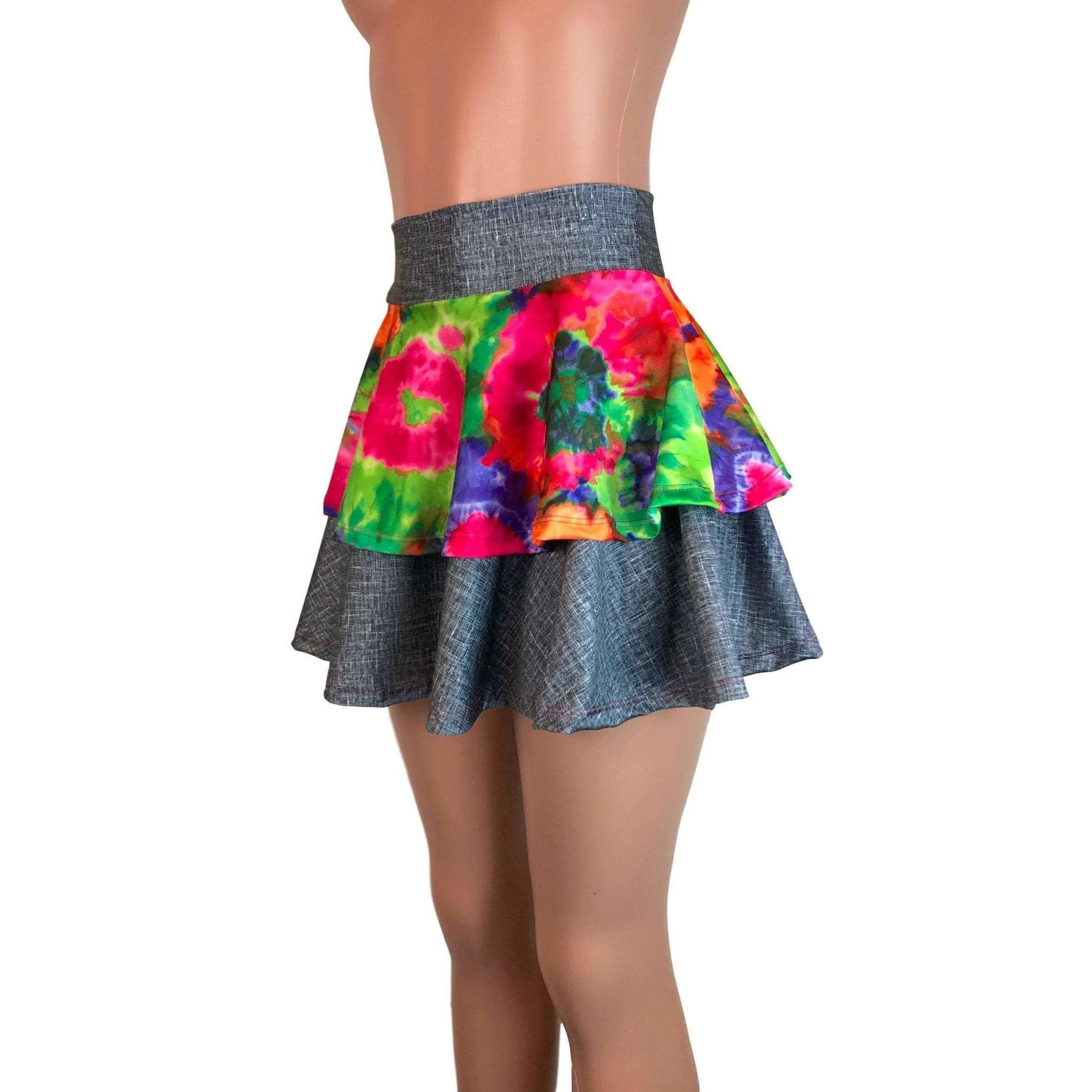 SALE - 2-Layer Skater Skirt - Tie Dye Groovy w/ Linen Print