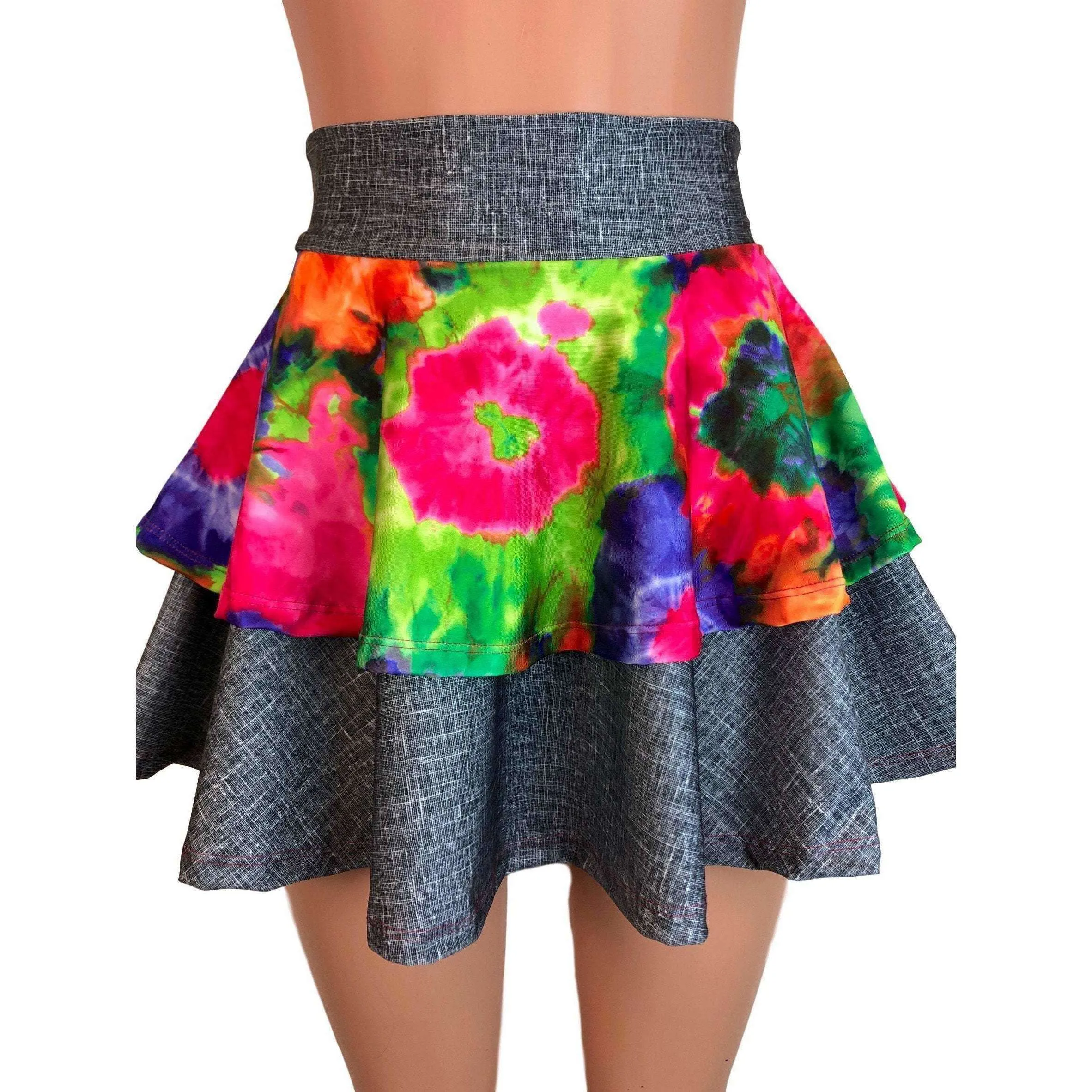 SALE - 2-Layer Skater Skirt - Tie Dye Groovy w/ Linen Print