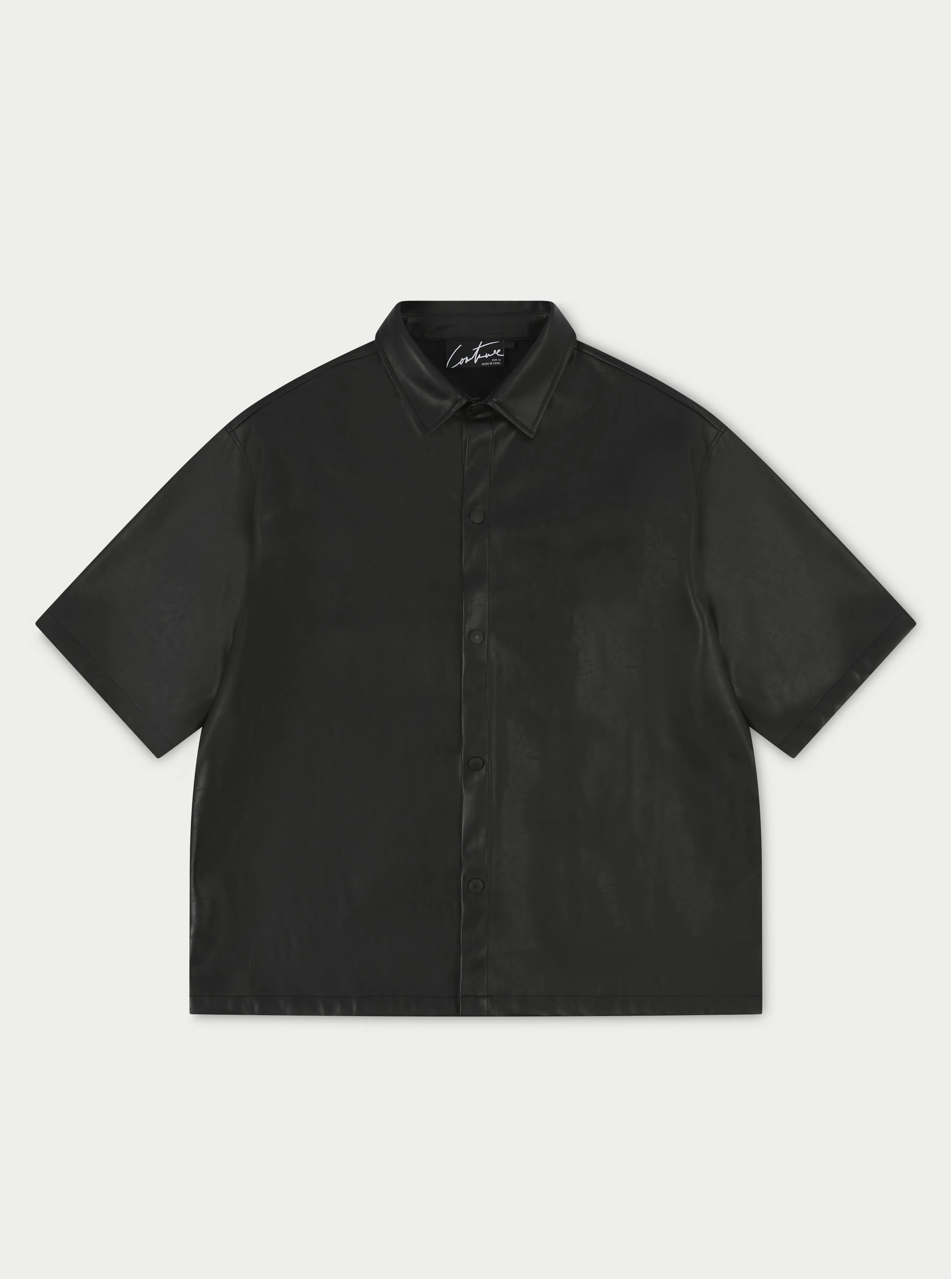 SHORT SLEEVE BOXY LEATHER SHIRT - BLACK