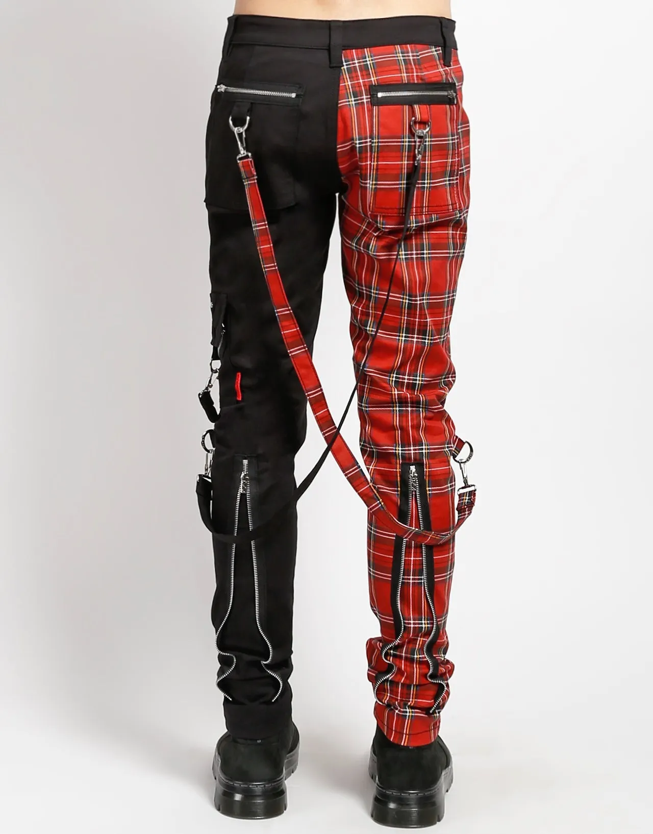 SPLIT LEG BONDAGE PANT BLK RED PLAID