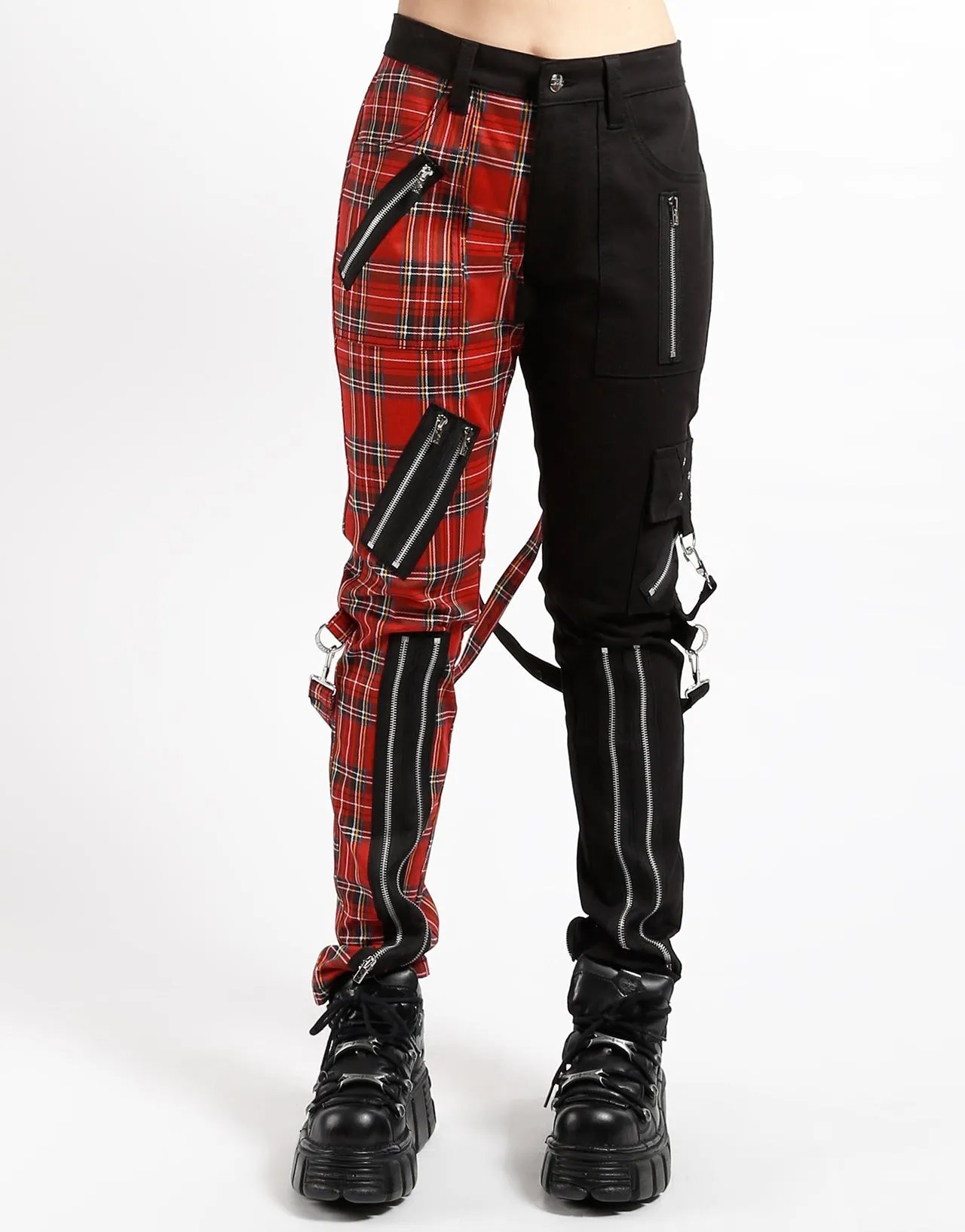 SPLIT LEG BONDAGE PANT BLK RED PLAID