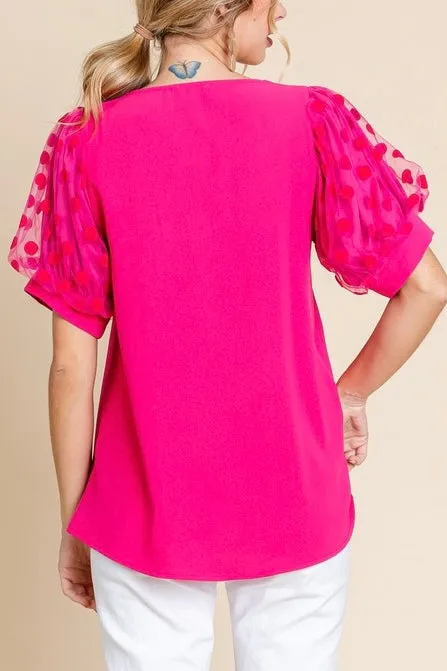 Swiss Dot Puffed Short Sleeve Top- Fuchsia