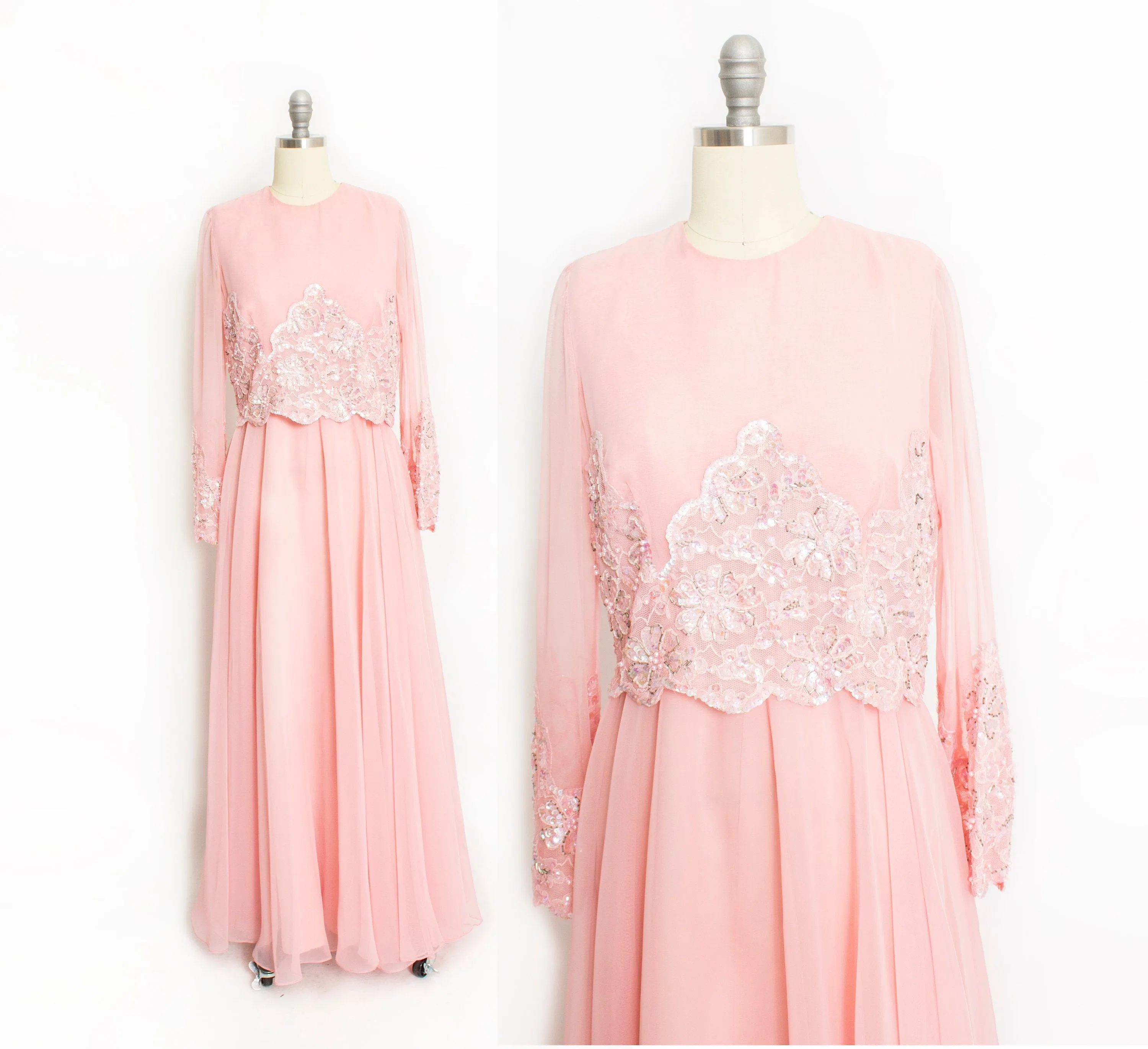 Vintage 1970s Dress Jack Bryan Chiffon Lace BeadedGown Medium