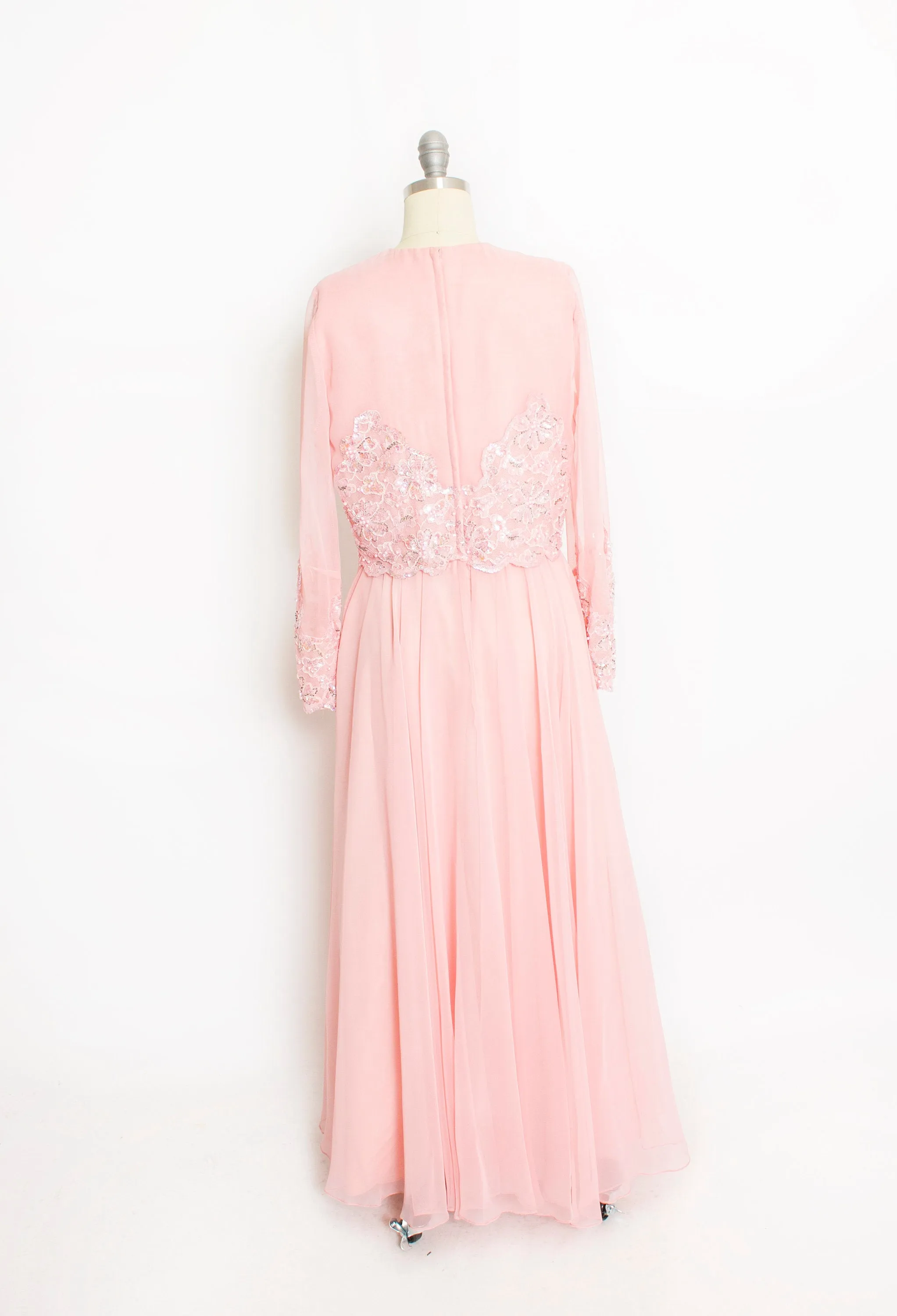 Vintage 1970s Dress Jack Bryan Chiffon Lace BeadedGown Medium