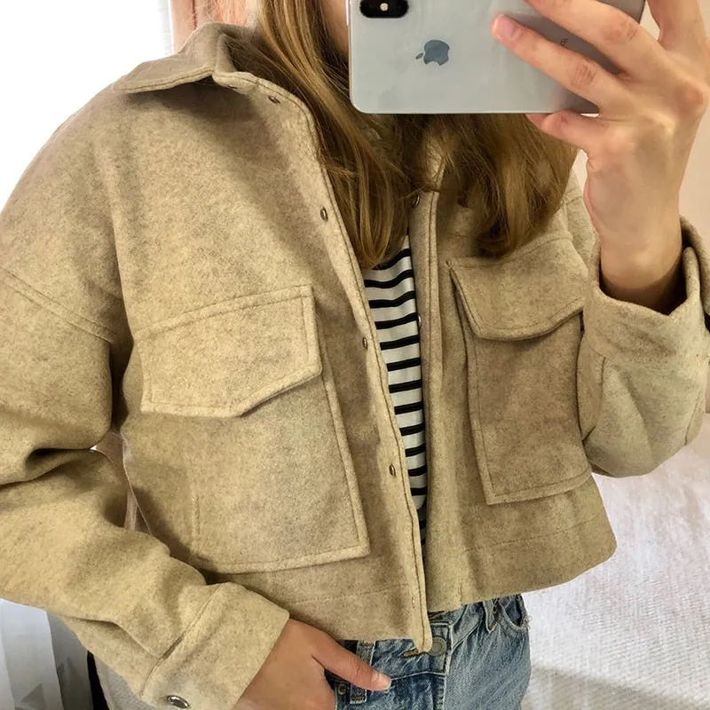 Wenkouban  High Street Women Woolen Short Jacket 2022Fall/Winter Retro Twill Lapel High Waist Loose Pure Color Elegant Female Outwear