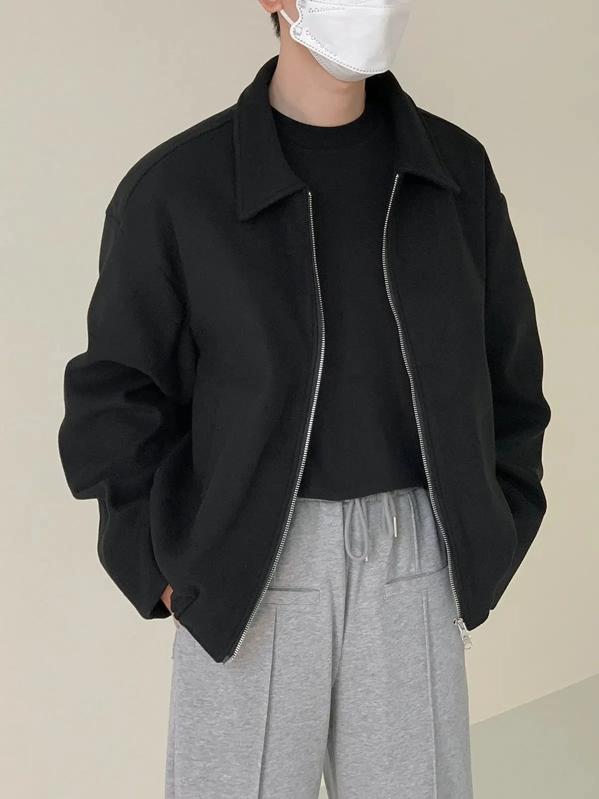 Zhou Solid Lapel Zip-Up Jacket